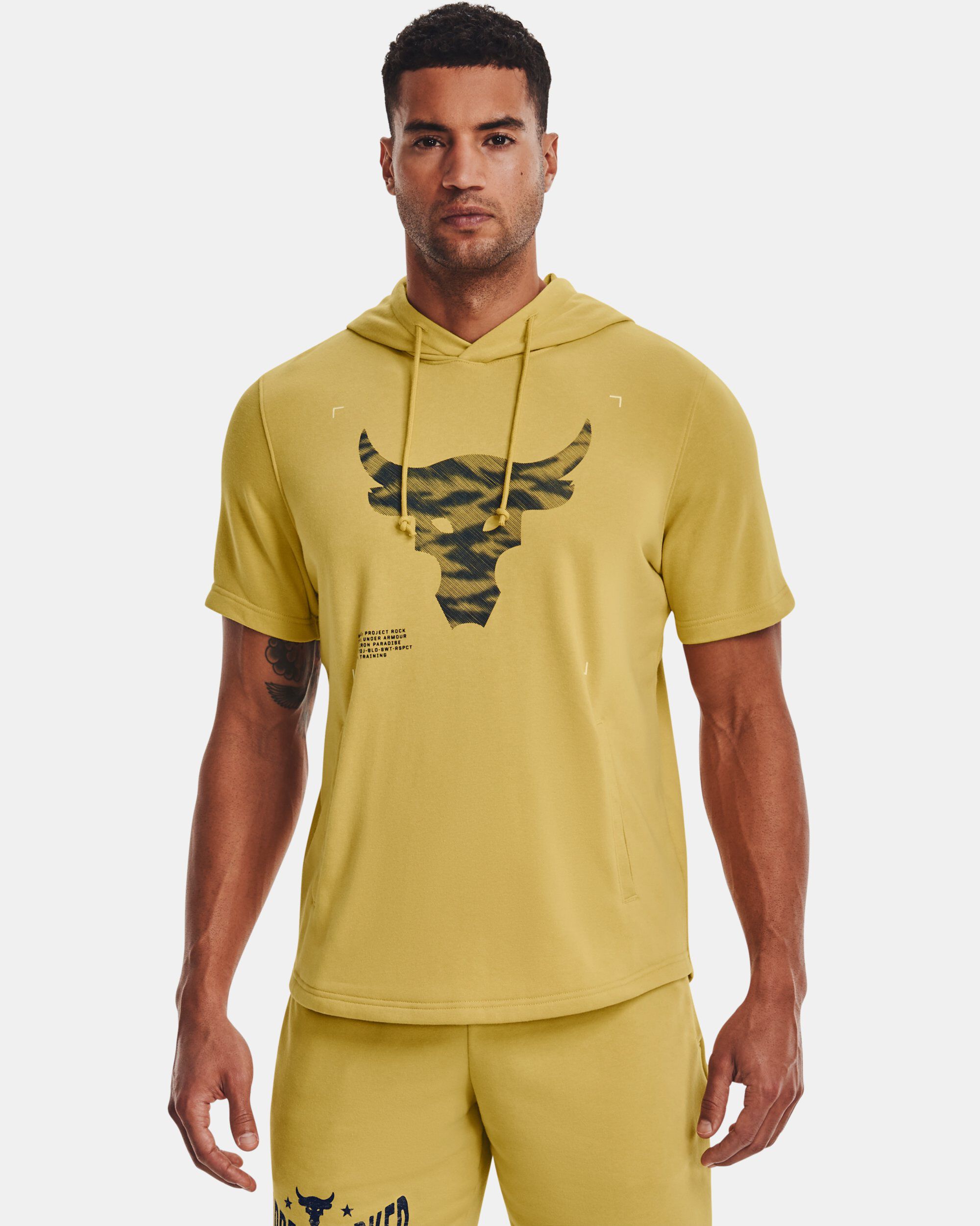 Buy Men s Project Rock Terry Short Sleeve Hoodie Yellow in Dubai UAE Under Armour