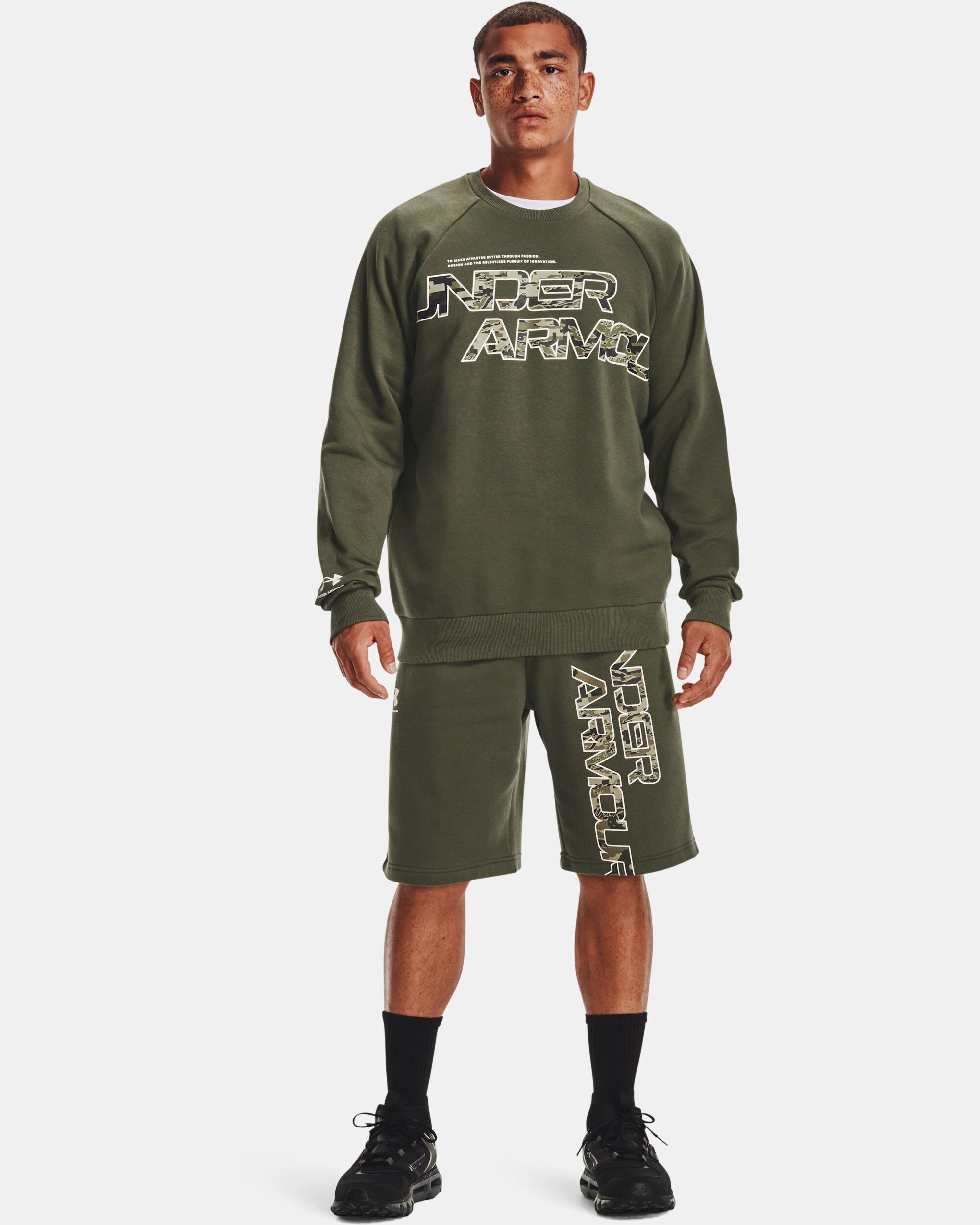 Under Armour Men s UA Rival Fleece Camo Script Shorts Green in
