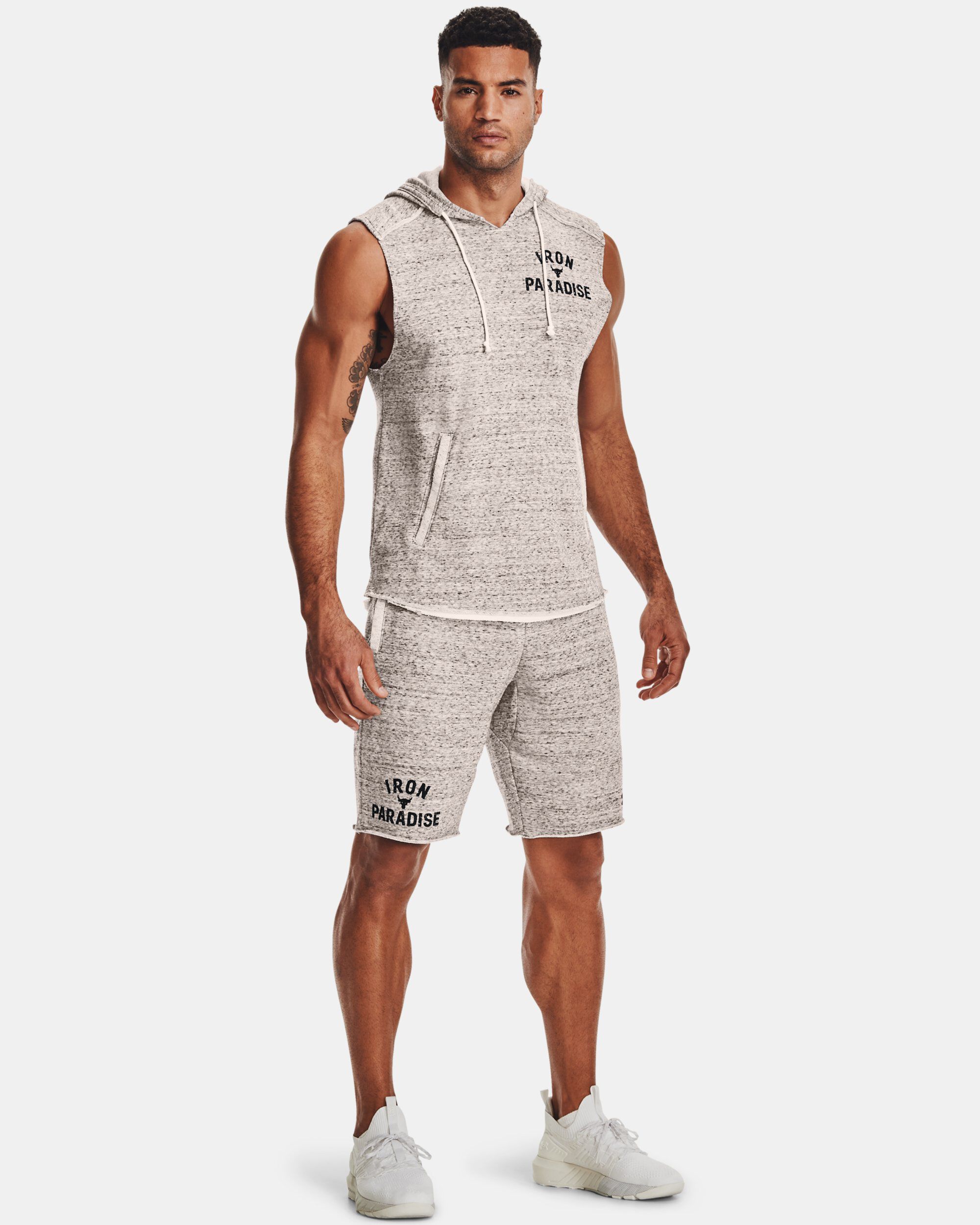 Under Armour Men s Project Rock Terry Sleeveless Hoodie White in
