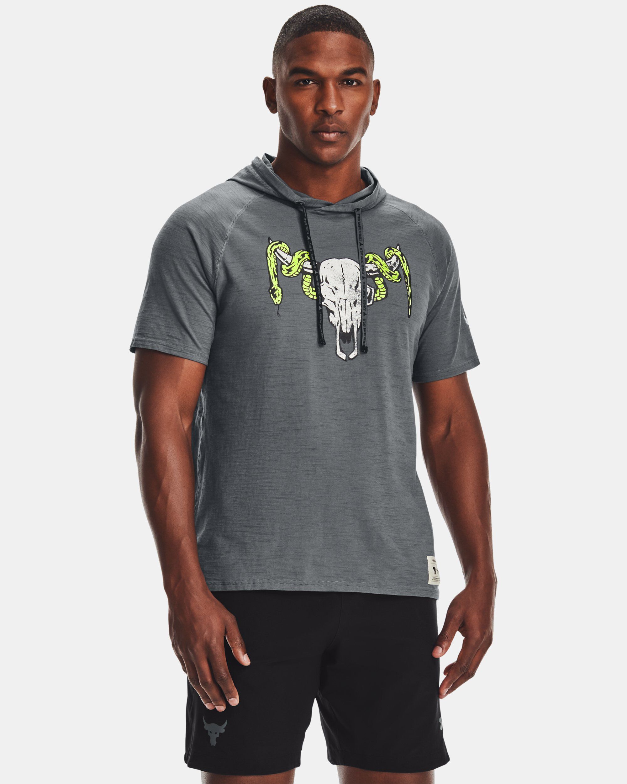 Buy Men s Project Rock Charged Cotton Short Sleeve Hoodie Grey in Dubai UAE Under Armour