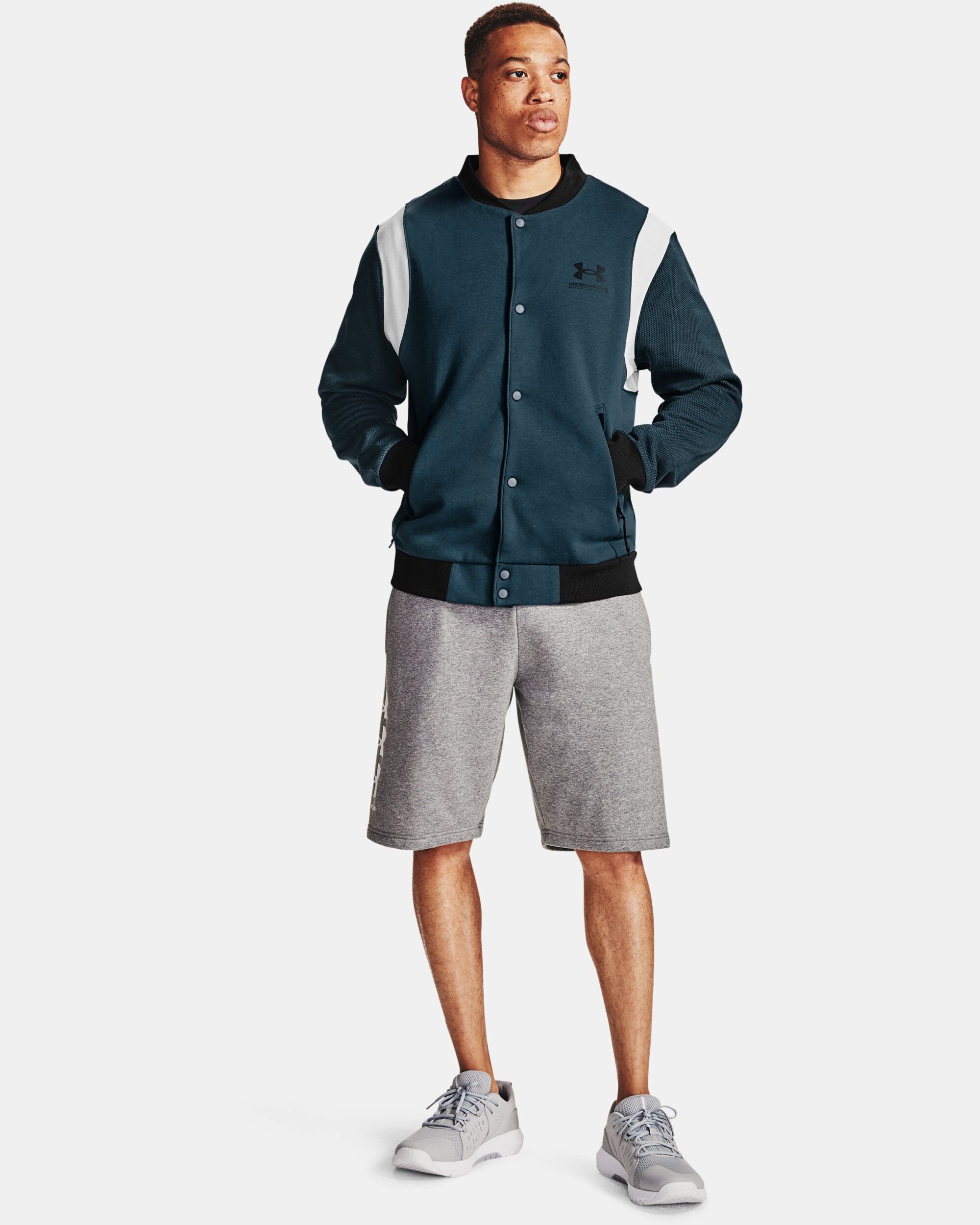 Under armour varsity deals fleece bomber jacket